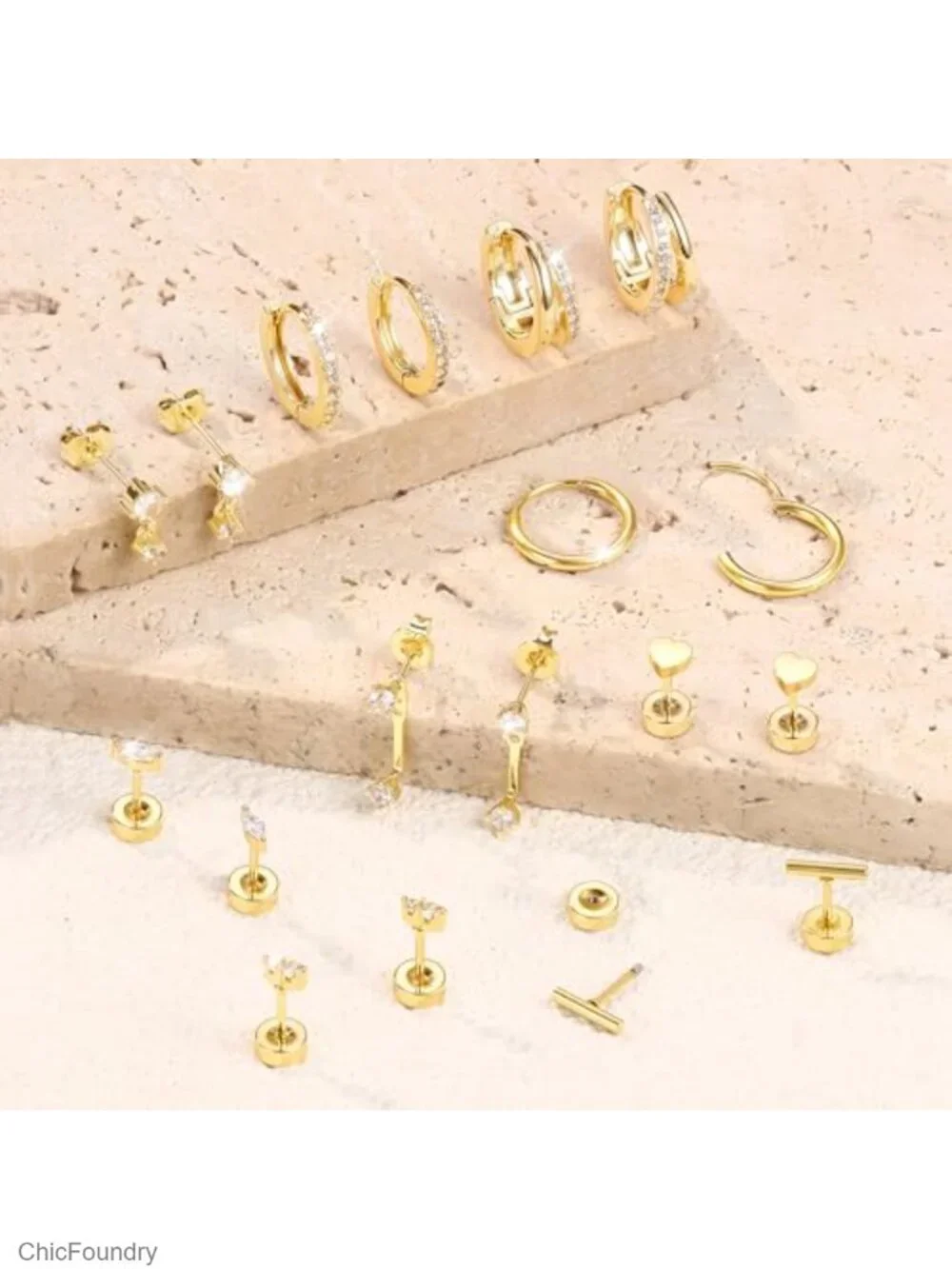 Gold Cartilage Earrings Women Hypoallergenic Surgical Steel Set